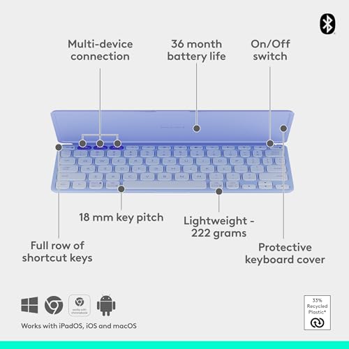 Logitech Keys-to-Go 2 Portable Bluetooth Keyboard for Tablet with Built-in Cover, Slim and Compact Wireless Keyboard for Windows, Android, Linux, iPad, iPhone, Mac, Apple TV - Lilac Logitech Keys-to-Go 2 Portable Bluetooth Keyboard for Tablet with Built-in Cover, Slim and Compact Wireless Keyboard for Windows, Android, Linux, iPad, iPhone, Mac, Apple TV - Lilac