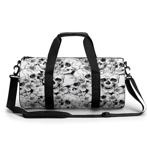 Flowers Cherry Black White Floral Skulls Large Capacity Cylindrical Fitness Bag, Hand-held Fitness Bag