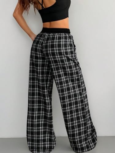 Women's Gingham Pants Plaid Casual Y2k Checkered Waist Wide Leg Baggy Pants Long Trousers with Pockets4