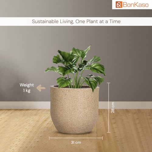Image of BonKaso 12 inch Beige Pot - Tall, Durable & Lightweight Polymer Jaguar Round Planter for Indoor & Outdoor Use, Marble Finish : Home, Office, Garden & Balcony (Gamla /Gamale)