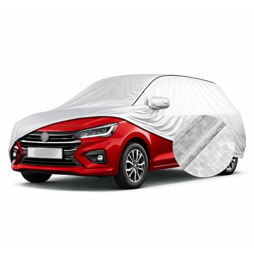 Image of SEAZEN Waterproof Car Cover for Maruti Suzuki Swift Dzire | Dustproof, UV & Scratch Resistant Soft Cotton Lining | Triple Stitched, Mirror Pockets & Elastic Hem | Metallic Silver with Black Piping