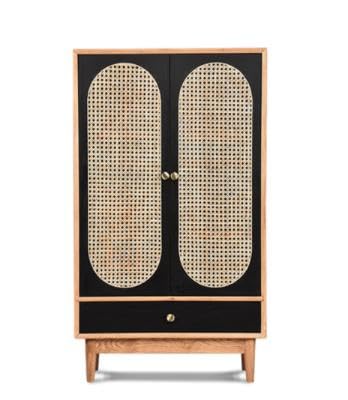 Pooja Art Enterprises Solid Rattan Bar Wooden Wardrobe with Shelf storage & Drawer for Living room, Bedroom, Hotel & Home, Black Finish, (W76.2 x D40.64 x H127 CM)