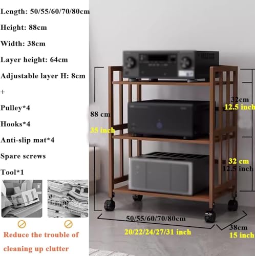 Meuble stéréo à 3 niveaux, grande capacité de rangement pour matériel audio-vidéo, étagères réglables et roues universelles pour bureau, maison, salon