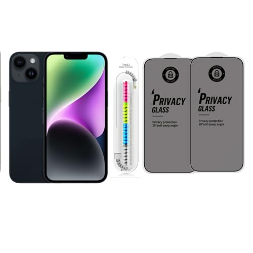 Image of Edge To Edge Privacy Tempered Glass Screen Protector Compatible With iPhone 14, 9H Hardness, Anti-Fingerprint, FHD Clear With Cable Protector Pack 2