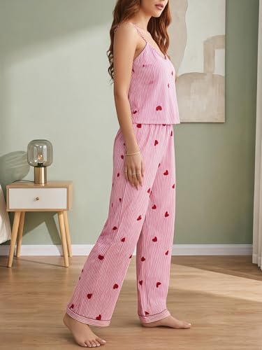Image of Women's Cute Heart Print Striped Pajama Set 2 Piece V Neck Cami Top and Pants Lounge Sets Sleepwear