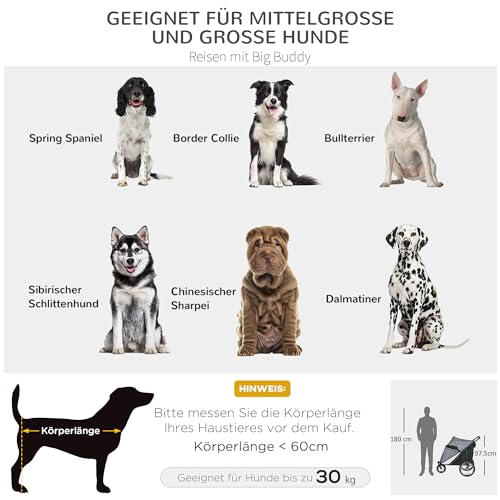 PawHut Hundewagen Hundebuggy mit Netzfenstern, Klappbarer Katzenwagen mit Sicherheitsleine, große Gummiräder für Mittelgroße, Große Hunde bis 30 kg, Oxford, Grau