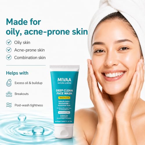 Image of Acne Face Wash, Anti Acne Gel Cleanser with 2% Salicylic Acid, Niacinamide & Hyaluronic Acid, Non Drying for Oily & Pimple Prone Skin, Fragrance Free, Sulphate Free 100ml
