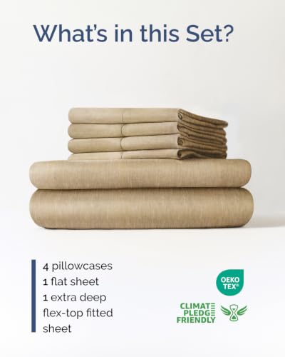 Image of Extra Deep Flex Top Split Head King Sheet Set - 6 Piece Breathable and Cooling Sheets - Hotel Luxury Bedding for Women, Men, Kids & Teens - Easy Secure Fit - Extra Deep Pockets - Heathered Tan