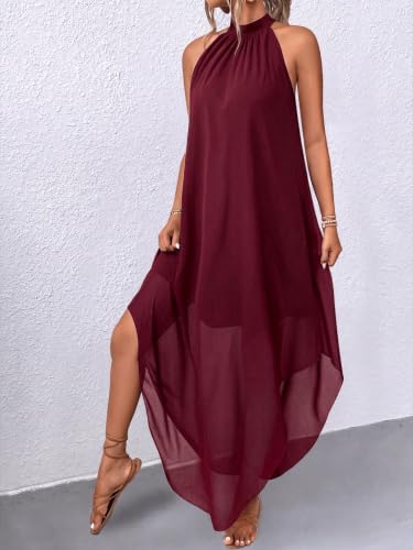 Image of Verdusa Women's Wedding Guest Dress Halter Flowy Chiffon Long Bouncy Dress | Cocktail Dress, Asymmetrical Dress for Women, Sleeveless, Prom Dress, Cruise Outfits, Boho