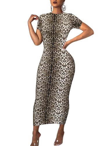 Image of Women's Long Bodycon Dresses Leopard Print Casual Maxi Club Party Tight Dress Short Sleeve