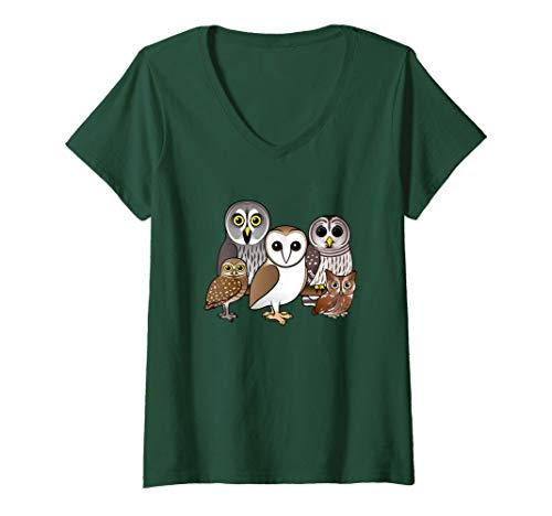 Womens Five Cute Birdorable Cartoon Owls V-Neck T-Shirt