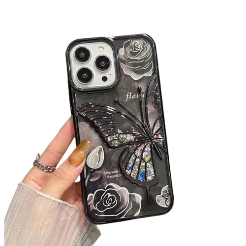 Coque iPhone 14 Pro de luxe transparente ornée de roses et papillons 3D