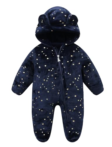 NEAWEALY Baby Fleece Overalls Neugeborene Footed Jumpsuit Plüsch Bärenohr mit Kapuze -Reißverschluss Langarm Bodysuit Navyblau 3-6M