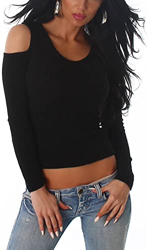 Jela London Damen Sweatshirt Cut-Out Pullover Stretch Sommer-Shirt bauchfrei, Schwarz 38 (40) Cover