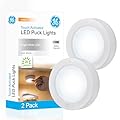 GE Wireless LED Puck Lights, Battery Operated, 20 Lumens, Touch Light, Tap Light, Stick on Lights, Under Cabinet Light, Ideal for Kitchen Cabinets, Closets, Garage 2 Pack, 25434