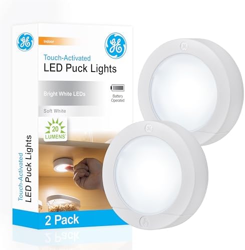 GE Wireless LED Tap-Lights, Battery Operated, 20 Lumens, Touch-Activated Puck Lights, Stick-On for U...