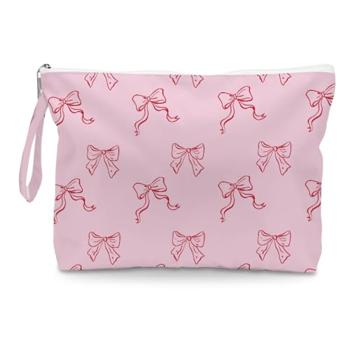 Fokongna Floral Print Wet Bag, Small Portable Waterproof Multi-Functional Organizer for Women, Pink with Red Bows,Ideal for Daily, Beach & Travel,