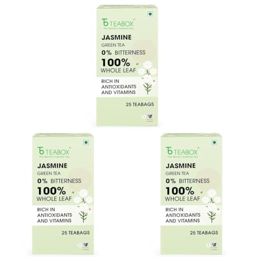 Image of Teabox Jasmine Green Tea | 25 Pyramid Whole Leaf Teabags | Natural Jasmine Aroma | Premium Blend Sourced from Madurai (Pack of 3)
