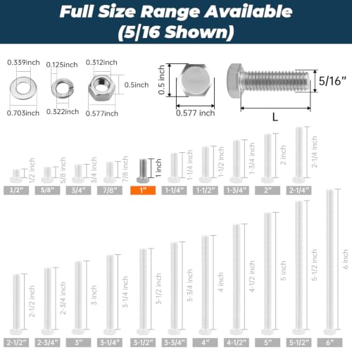 Image of 10 Sets Glvaner 5 /16-18 x 1 inch Stainless Steel Hex Head Screws Bolts, Nuts, Flat & Lock Washers, 18-8 (304) Stainless Steel, Full Thread, Coarse Thread