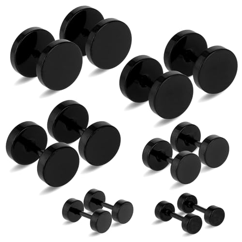 6 Pairs Black Stud for Men Women Fake Gauges Dot Earrings 4-10mm Round Ear Studs