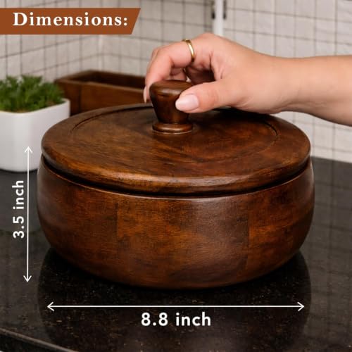 Image of Premium Wooden Roti Box with Lid | Handmade Chapati Storage Container | Insulated Bread Keeper for Kitchen & Dining | Traditional Round Roti Dabha for Serving & Storage.
