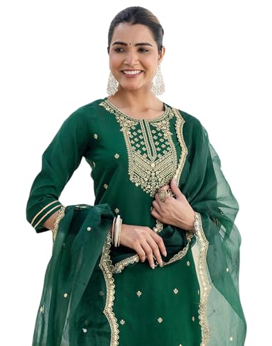 Image of SIRIL Women's Rayon Viscose Sequence Embroidery Work Straight Kurta Pant with Dupatta Set
