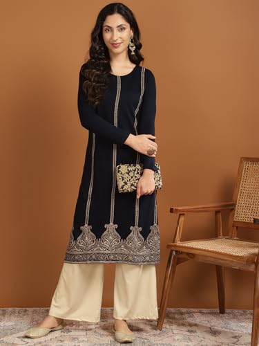 Image of rangita Navy Acrylic Calf Length Printed Straight Kurti for Women | Kurta for Women