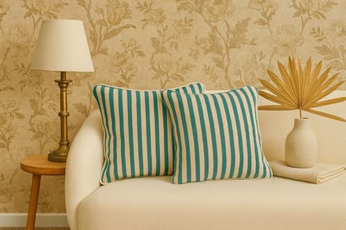 Image of 100% Cotton - Turquoise & White Stripes Cushion Covers Set of 1 (16 x 16 inches) - Cushion Covers for Sofa & Living Room Decor