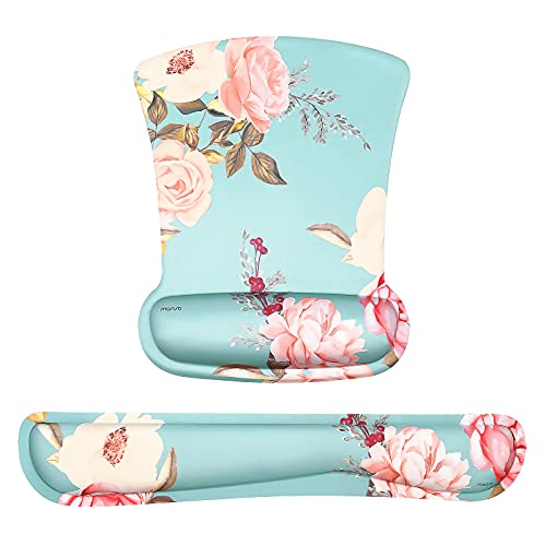 MOSISO Wrist Rest Support for Mouse Pad & Keyboard Set, Peony Ergonomic Mousepad Non-Slip Base Home/Office Pain Relief & Easy Typing Cushion with Neoprene Cloth & Raised Memory Foam, Green