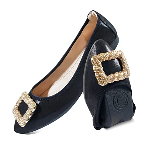 MACHSWON Damen Ballerinas Glitzernde Strasssteine Hochzeit Ballerina Schuhe Faltbar Tragbar Komfort Slip on Flache Wanderschuhe, Schwarz , 42 EU Cover
