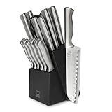 CASA LITUS Cuchillos de Cocina de Acero Inoxidable (15 Piezas) con Base de Madera, Afilador y Tijeras, Juego de Cuchillos...