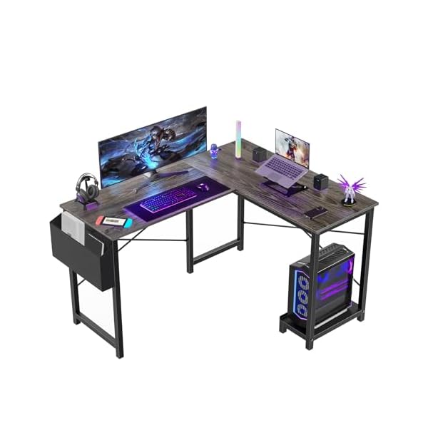 Sweetcrispy L Shaped Desk Gaming Computer 50 Inch Reversible Corner Table PC Work Table for Writing Study Student with Wood Tabletop Metal Frame CPU Stand Side Bag for Home Office Small Place, Grey