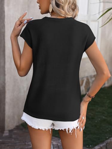 Image of Womens Cap Sleeve Tops Casual Knit Sweater Vests Crew Neck Loose Fit Summer Pullover Top
