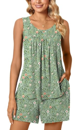 Image of POPYOUNG Pajama Set for Women Summer 2 Piece Lounge Shorts Sets Sleepwear | Womens Pajama Sets Cooling pijamas de mujer for Summer with Pockets Sleeveless Nightwear Outfits Pjs Shorts Set
