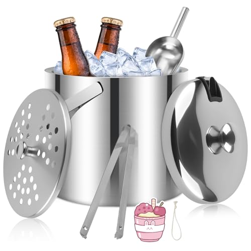 USHOP 3.2 L Cubiteras Acero Inoxidable,Cubitera de Acero Inoxidable,Cubo de Hielo Profesional con Tapa,Pinzas y Rejilla de Goteo,Cubiteras para Hielo con Tapa para Fiestas,Cerveza,Cócteles,Vino frío