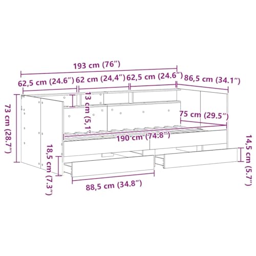 vidaXL Tagesbett mit Kopfteil Artisan-Eiche 75 x 190 cm Holzwerkstoff, Moderner rechteckiger Tagesbett-Rahmen, platzsparendes Gäste-Bett, urbanes Möbel, vielseitiges Schlaf-Design