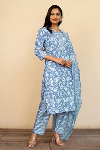 Image of MIRCHI FASHION Pure Cotton Floral Kurta Set for Women with Dupatta & Pant | 3 Piece Straight Fit Ethnic Outfit | Breathable Summer Salwar Suit