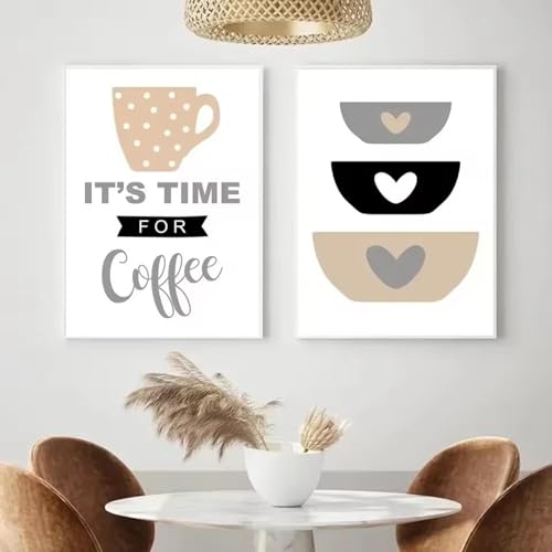 Tableau cuisine tasses à café et couverts avec cadre déco restaurant 50x70 cm