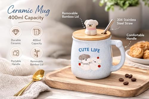 Image of Coffee Mug, Gift for Woman, Birthday Present for Girlfriend, Present for Wife Birthday, Mugs for Present, Holi Gifts, Panda Mug with Lid & Spoon (Cute Life)