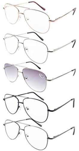 Eyekepper 5-Pack Pilot Style Metal Frame Spring Hinges Reading Glasses Sunshine Readers +2.25