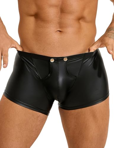 comeondear Boxer Hombre Cuero PU Abierto Lenceria Hombre Sexy Calzoncillos con Botones de Talle Bajo Boxershorts Talla Grande Elásticos Clubwear Sexy Ropa Interior con Abertura Negro,S
