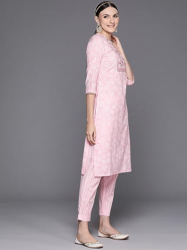 Image of INDO ERA Women's Cotton Embroidered Straight Kurta With Pant & Dupatta Set (KH0PK7187)