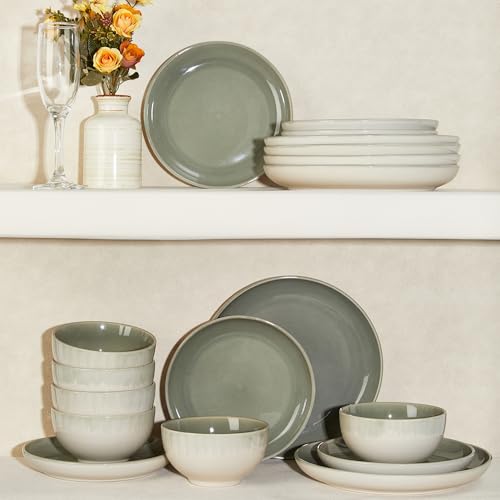 Image of 32 Piece Double Bowl Dinnerware Sets with Pasta Bowls, Highly Chip and Crack Resistant Plates and Bowls Sets, Natural Earthyware Ceramic Dishware Sets, Service for 8 Gradient Green