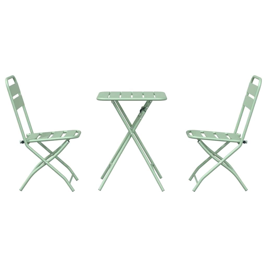 Set bistrot pieghevole in acciaio verde 3 pezzi con tavolo rettangolare e due sedie pieghevoli, design moderno per giardino, terrazza o balcone, compatto e facile da pulire.
