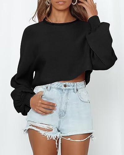 Imily Bela Cropped Sweaters for Women Lantern Long Sleeve Crop Top Slouchy Trendy Loose Crewneck Pullover Sweater2
