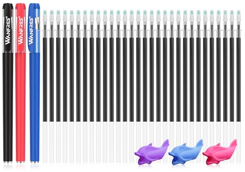 WANFRES Magic grooved writing practice, Magic pens for kids disappearing ink pen,30 refills 3 pens(With writing training aids)Pencil grip,Reusable grooved handwriting practice for kids,Magic Copybooks
