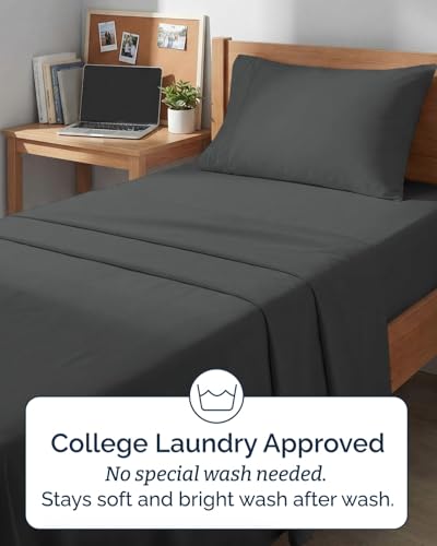 Image of Twin XL 4 Piece Sheet Set - College Dorm Room Essentials - Charcoal | Ultra Soft Dorm Bedding Set, 8 inch to 16 inch Inch Deep Pockets, 1 Flat & 1 Fitted Sheet & 2 Pillowcases, Wrinkle & Fade Free