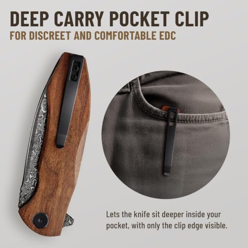 Image of GOOD WORKER Pocket Knife - Smooth Ball Bearing Pivot - Guibourtia Wood Handle - Elegant Gift-Ready EDC Knife with Deep Carry Clip, Legal in All States - Gifts for Men, Women - 6700 D