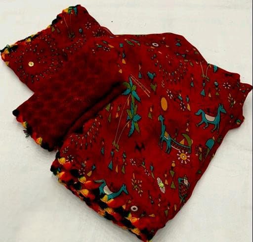 Image of Yashika Women's Printed Georgette Printed Saree With Lace Border and Blouse Material