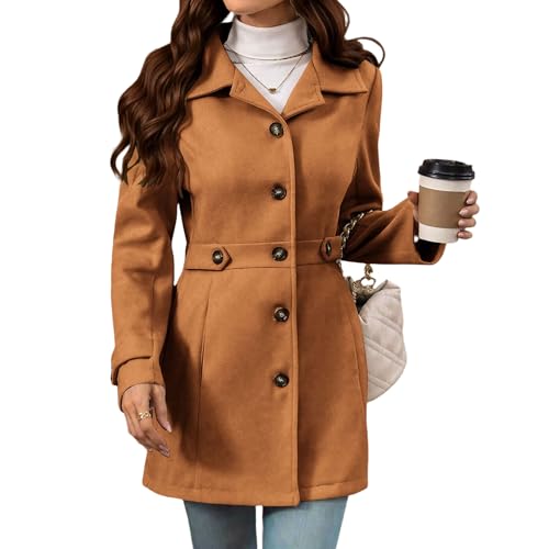 Gabardina de mujer, de un solo pecho, con solapa muesca, largo medio, mezcla mezclas, chaqueta elegante y cálida para otoño e invierno, color marrón, talla pequeña